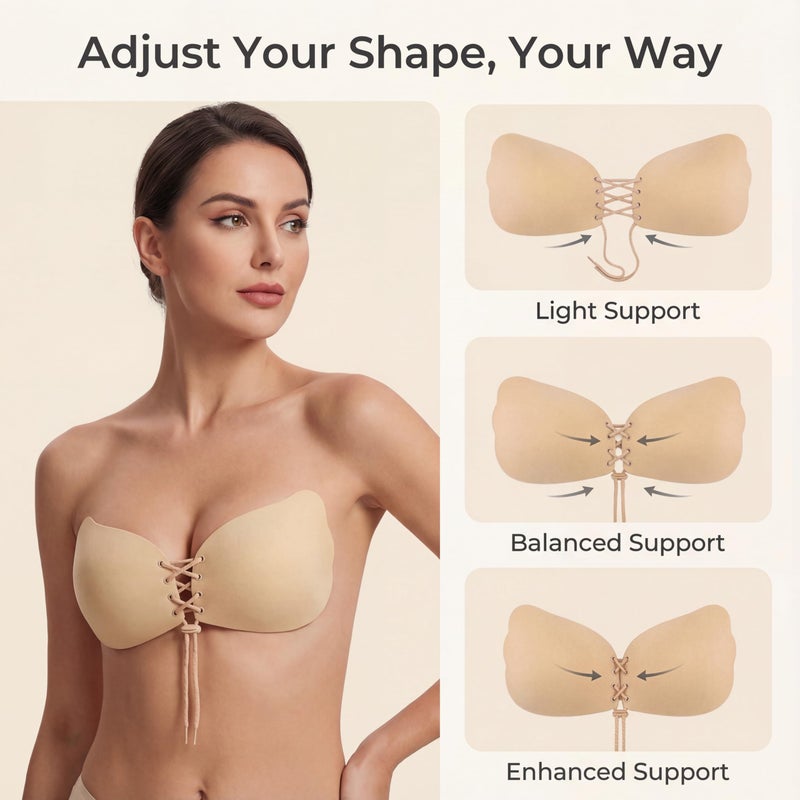 umooie Sticky Bra 2 Pairs Backless, Strapless, Adhesive, Invisible, Push up Bra for Women Stick on, Black and Beige, B Cup - Image 3